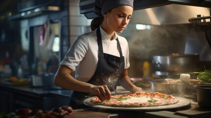 Wall Mural - Female chef makes pizza in a restaurant