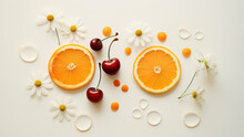 Cherries, Oranges And Daisies On A White Background