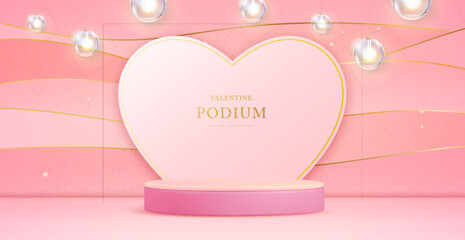 Wall Mural - Happy Valentine`s day showcase background with 3d podium, love heart shape and electric lamps. Vector illustration