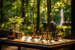 photo of a chessboard set up outdoors in a serene natural setting, emphasizing the fusion of strategy and the environment.