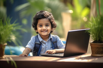 Cute indian little boy using laptop