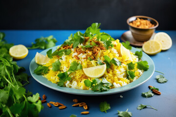 Indian breakfast poha made of rice, green chillies, onions and peanuts.