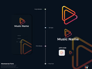 Wall Mural - Play music logo design. Music player logo. Colorful Music bottom vector. Business. Song. Play. Colorful. Creative. Arrow. Headphone. Finance. Modern