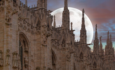 Wall Mural - Milan Cathedral with full moon - (Duomo di Milano (Milan Cathedral) and Piazza del Duomo in Milan) 