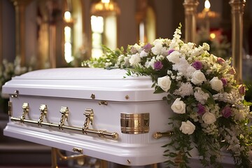 closeup shot of a colorful casket in a hearse or chapel before funeral or burial at cemetery