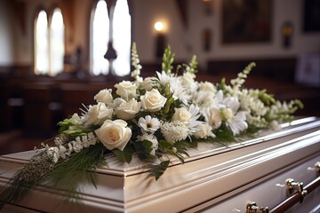 closeup shot of a colorful casket in a hearse or chapel before funeral or burial at cemetery