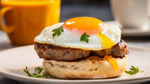 A Sausage And Egg English Muffin, Perfectly Cooked Sausage Patty, A Fried Egg, And A Slice Of Melted Cheese Sandwiched In A Toasted Muffin