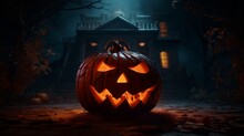 A Pumpkin Adorned With A Haunted House, Its Windows Aglow With Ghostly Light And Eerie Shadows Moving Inside. 