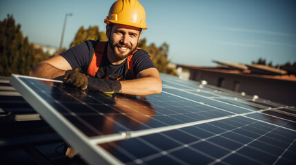 A technician solar panel installing solar system