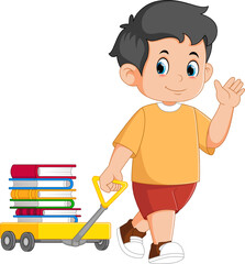 Wall Mural - Cartoon little boy pulling wagon cart with pile of books