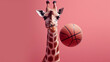 A giraffe playing basketball, its long neck extending all the way to the hoop. The giraffe is comically engaged in the game, showcasing its flexibility and enthusiasm. 