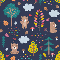Wall Mural - Seamless pattern. Autumn forest with hand drawn bears, trees, leaves, mushrooms and berries. Vector illustration.