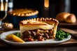 ﻿This picture is a close-up of a Beef and Guinness Pie. The background is blurry, but you can see a pretty forge in it.. AI Generated