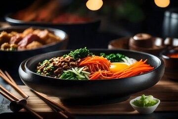 ﻿The camera is moving closer to Bibimbap, a popular Korean dish. It can be difficult to understand what is happening behind something.. AI Generated