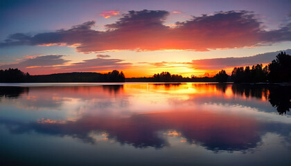 Wall Mural - A picture capturing a lively sunset above a tranquil lake, where the water reflects a spectrum of vibrant colors