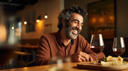 Man tastes an assortment of cheeses with wine at a restaurant