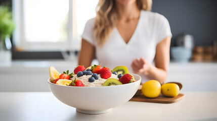 Une femme en train de préparer un petit déjeuner vegan avec beaucoup de fruit dans le cadre d'un régime. 