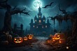 Halloween background with pumpkins and haunted house. Halloween background with Evil Pumpkin. Spooky scary dark Night forrest. Holiday event halloween banner background concept