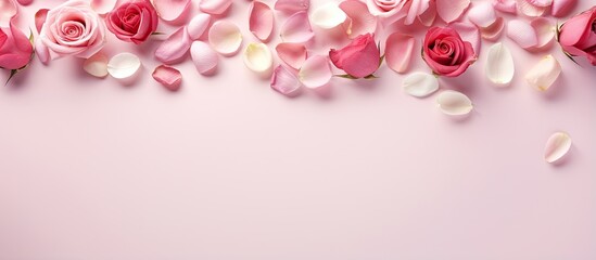 Fototapete - Valentines day theme with pink roses and isolated pastel background Copy space