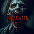 Zombie terrorífico con palabra Halloween en la boca