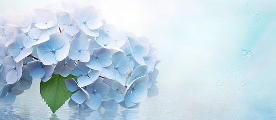 Poster - Water droplet on a hydrangea isolated pastel background Copy space