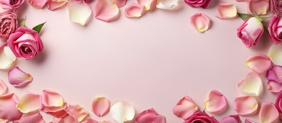 Fototapete - Valentines day theme with pink roses and isolated pastel background Copy space