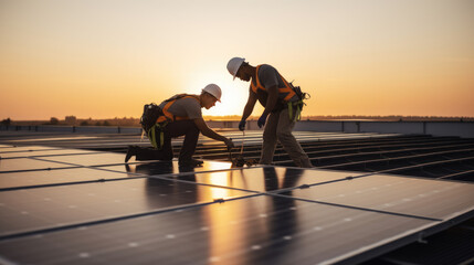 Wall Mural - Engineers check the performance of solar panels before sunset.