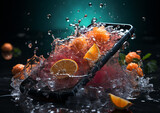 pomarańcze wraz ze smartfonem wpadają do wody