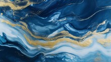 Blue Marble And Gold Abstract Background Texture. Indigo Ocean Blue Marbling With Natural Luxury Style Swirls Of Marble And Gold Powder