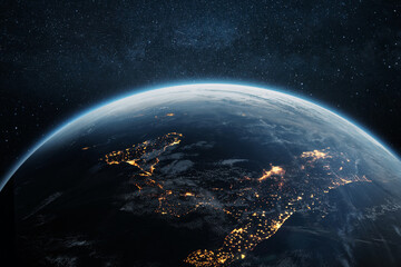 Wall Mural - beautiful blue planet earth with night lights of italian cities in starry space. technology and scie