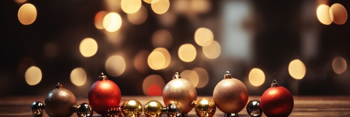 Wall Mural - Christmas and New Year background with bokeh lights and golden balls on wooden surface bokeh background