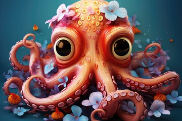 Wall Mural - Cute Cartoon Octopus Character in the deep blue sea, sea life concept. 