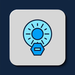 Sticker - Filled outline No direct sunlight icon isolated on blue background. Vector