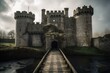 An ominous castle with stone walls, towers, and spiked walls. It features a drawbridge over a slimy moat. Windows and doors are covered in cobwebs. Generative AI
