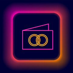 Canvas Print - Glowing neon line Greeting card icon isolated on black background. Celebration poster template for invitation or greeting card. Colorful outline concept. Vector