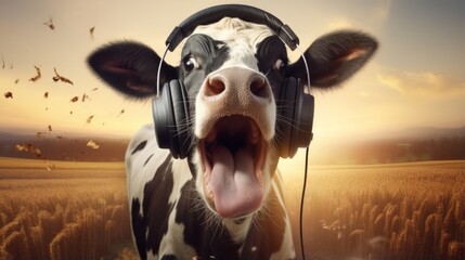 Wall Mural - A cow listening to music with headphones, enjoying it very much, Generative AI