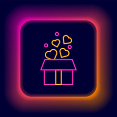 Canvas Print - Glowing neon line Gift box with hearts icon isolated on black background. Valentines day. Colorful outline concept. Vector