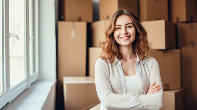 Joyful woman with moving boxes, excited for a new chapter in her life