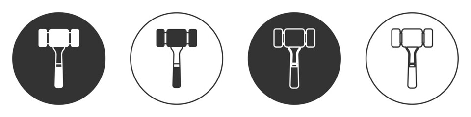 Sticker - Black Auction hammer icon isolated on white background. Gavel - hammer of judge or auctioneer. Bidding process, deal done. Auction bidding. Circle button. Vector