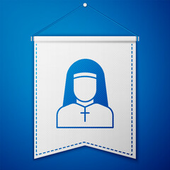 Wall Mural - Blue Nun icon isolated on blue background. Sister of mercy. White pennant template. Vector