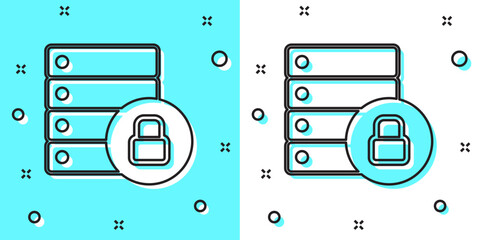 Poster - Black line Server security with closed padlock icon isolated on green and white background. Database and lock. Security, safety, protection concept. Random dynamic shapes. Vector