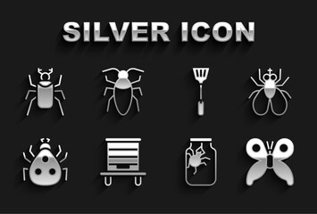 Poster - Set Hive for bees, Insect fly, Butterfly, Spider in jar, Ladybug, Fly swatter, Beetle and Cockroach icon. Vector