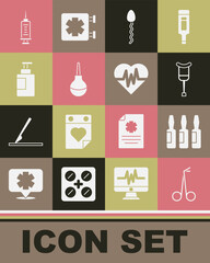 Canvas Print - Set Medical scissors, vial, ampoule, Crutch crutches, Sperm, Enema, Hand sanitizer bottle, Syringe and Heart rate icon. Vector