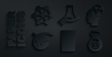 Poster - Set Laboratory glassware or beaker, Head and radiation symbol, Test tube flask, Poison in bottle, and Molecule icon. Vector