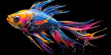 Painted Colorful Fish Animal, They Show Off In Beautiful Colors. Isolated Black Background. Pattern For T-shirt Printing, Generative AI