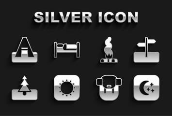 Poster - Set Sun, Road traffic sign, Moon and stars, Hiking backpack, Tree, Campfire, Tourist tent and Bed icon. Vector