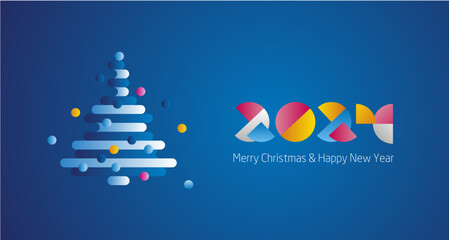 Sticker - Merry Christmas and Happy New Year 2024 modern colorful design with abstract Christmas tree blue greeting card