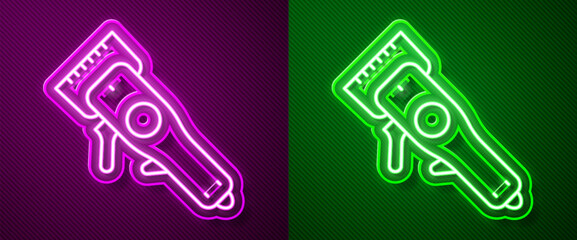 Wall Mural - Glowing neon line Electrical hair clipper or shaver icon isolated on purple and green background. Barbershop symbol. Vector