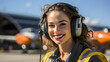 Smiling, uniformed female airport worker wearing headphones or airport hearing protection equipment.