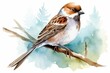 Watercolor bird illustration: simple, forest, cute sparrow. Ideal for posters, stickers, postcards, prints, and sublimations. Generative AI